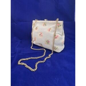 1950s Floral Beaded Evening Bag Ivory Seed Bead Purse Gold Chain Vintage Clutch